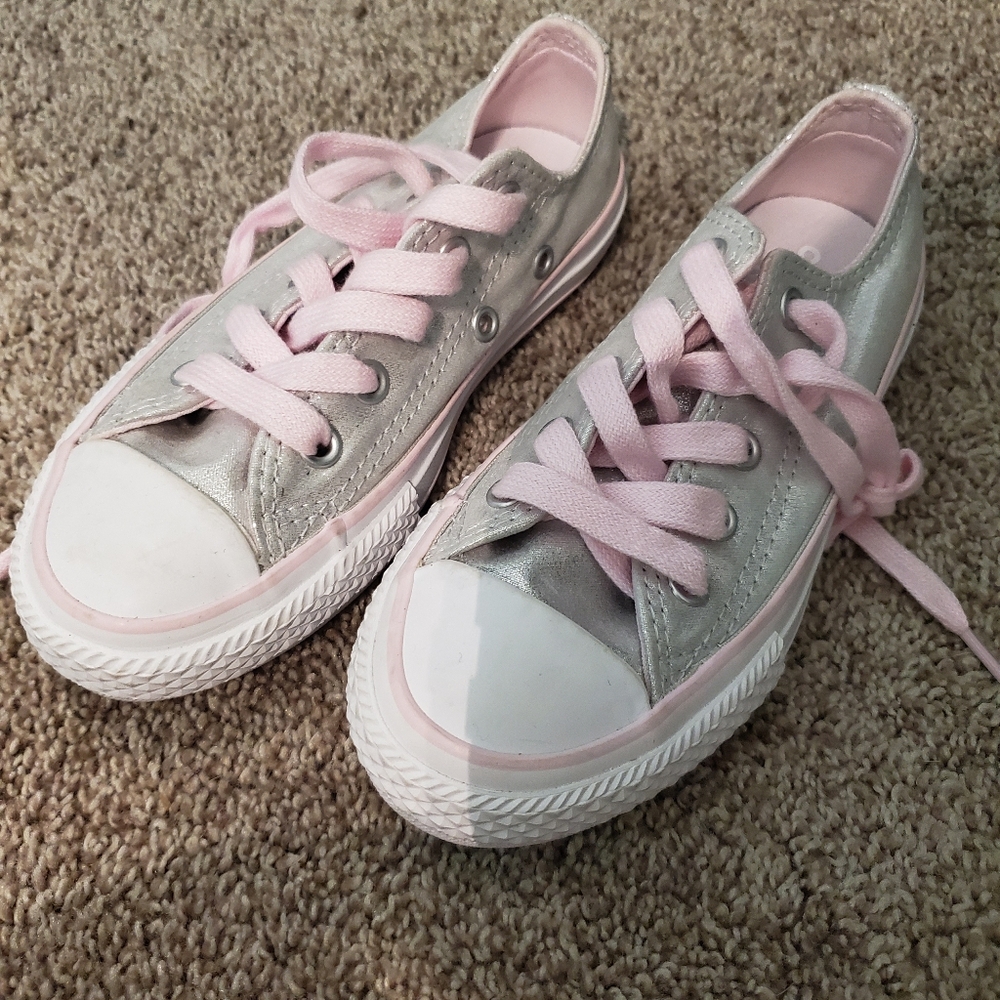 Converse size 11 youth silver and pink sneakers